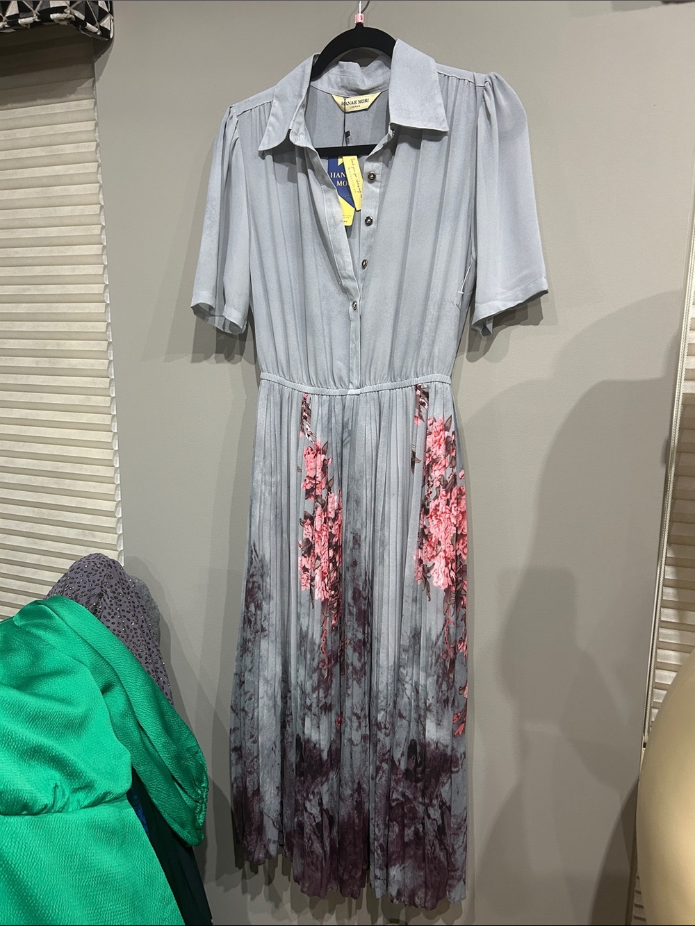 Pleated Grey Floral Midi Dress with Pink Accents